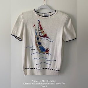 Vintage Alfred Dunner Sailboats Embroidered Knitted Short Sleeve Top